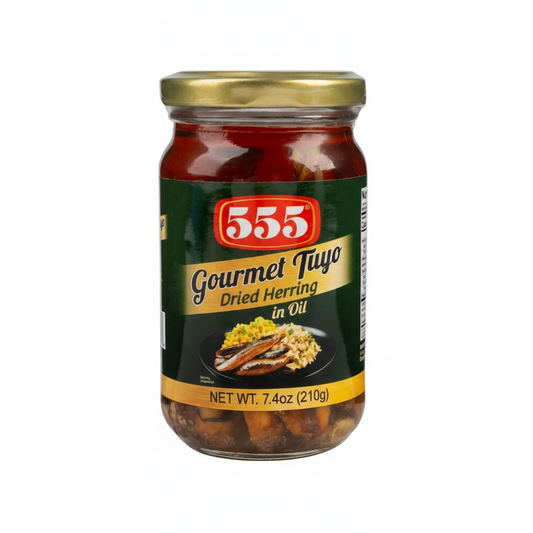 Jar of 555 Gourmet Tuyo Dried Herring in Oil on a white background