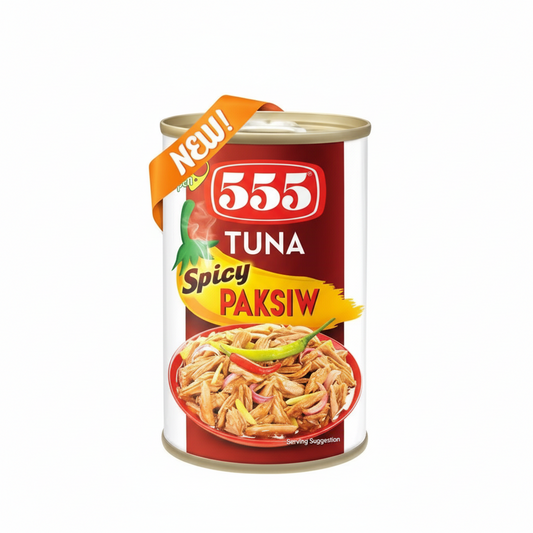 Can of 555 Tuna Spicy Paksiw with a red label and gold lid on a white background.