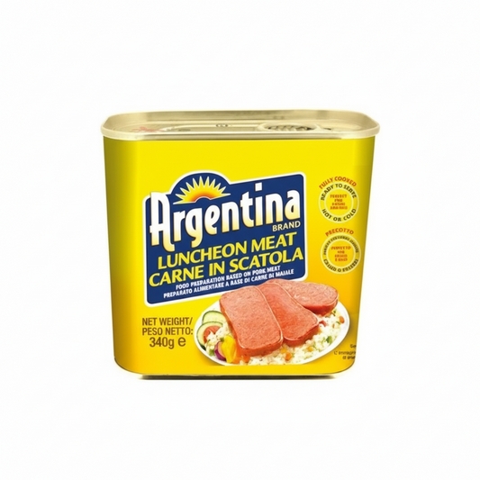 Yellow can of Argentina luncheon meat on a white background