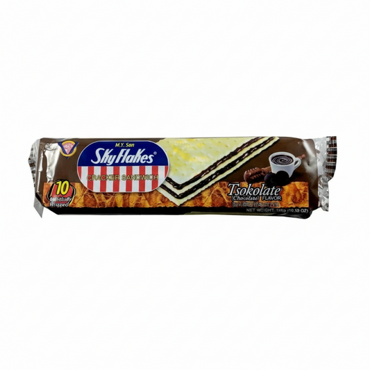 Sky Flakes chocolate sandwich cookie package on a white background