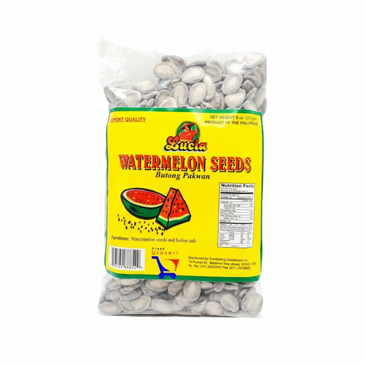 Bag of Lucia watermelon seeds with a colorful label on a white background