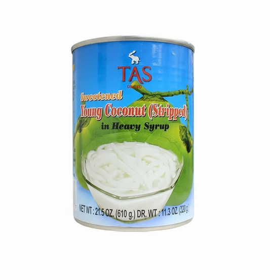 Can of TAS Young Coconut Stripped in Heavy Syrup on a white background