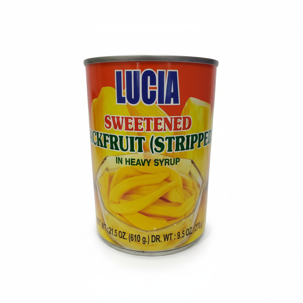 Can of Lucia Sweetened Jackfruit Strippers on a white background