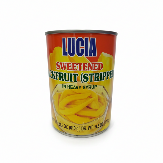 Can of Lucia Sweetened Jackfruit Strippers on a white background